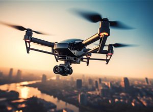 small drone with camera flies over a city in a surveillance role, gerenative AI